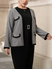 SHEIN Clasi 大码外套，女士秋季装，女士冬季装，外出装，外出装，女士职业装，女士办公室着装，商务职业女性，女士办公室着装，女士大码办公室着装，秋季工作装，格子图案 - 彩色 - 查看 3
