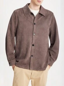 Manfinity Dauomo Áo sơ mi nam trơn màu thời trang đa năng, giản dị, mùa thu - màu nâu - Xem 6