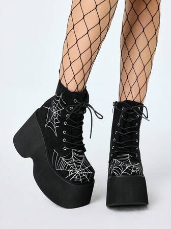 Goth Damen Mode Plateau Super High Heel Knöchel Stiefel, Punk Y2K Spinnennetz Stickerei Schnür-Plateau Stiefel, geeignet für Bühnenauftritte Keilabsatz Stiefel