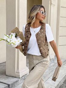 Serisse Chaleco de moda de una sola hilera con lentejuelas florales para mujer - Café integral - Ver 5