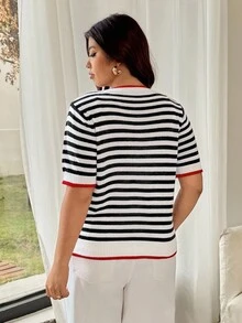 Vionelle 大码女式条纹撞色圆领短袖休闲时尚针织上衣 - 彩色 - 查看 2