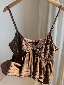 Comfortcana 女式休闲纯色荷叶边下摆无袖上衣，夏季 - 棕色 - 查看 3