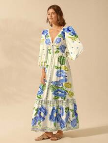 CAJUNI Damen Boho Tropical Blumen V-Ausschnitt Langarm Rückenfreies Taille A-Linie Urlaubskleid