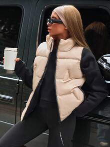 EURMUSE Áo khoác mùa đông cho nữ cổ đứng kẻ caro có khóa kéo có đệm cách nhiệt bằng chất liệu tổng hợp Polyfill cách nhiệt Áo khoác mùa đông Áo vest thu đông - Kem - Xem 6