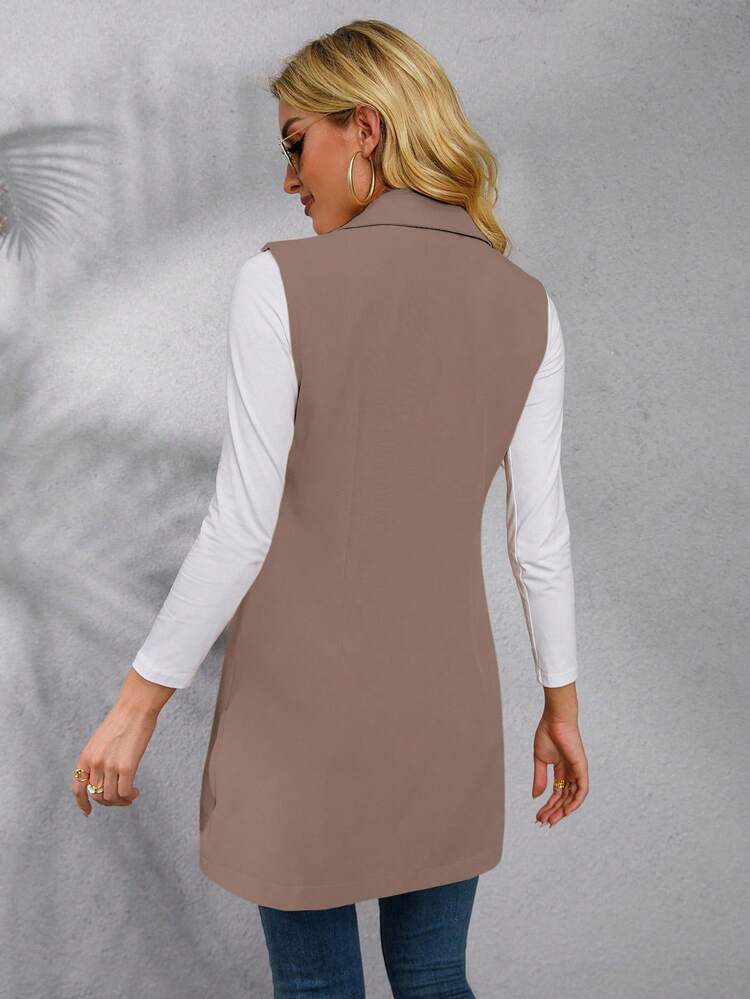 Sleeveless Solid Color Casual Blazer, Summer - Khaki - View 2
