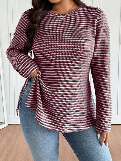 SHEIN Frenchy Plus Size Women Striped Crew Neck Knit T-Shirt With Side Slit Design, Comfortable Casual Plus Size Tee/Fall/Winter