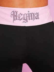 Mean Girls X SHEIN Leggings a zampa con vita a contrasto, decorati con strass e grafica a lettere