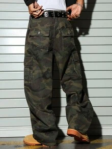 Manfinity EMRG Quần jeans ống loe nhiều túi, thời trang dạo phố thường ngày dành cho nam - xanh quân đội - Xem 2