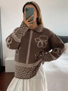 Livesso 女士宽松休闲度假时尚花卉几何图案高领针织毛衣，适合秋冬季 - 棕色 - 查看 4