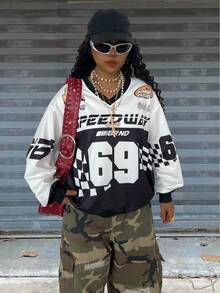 Rovax Women's Casual V-Neck Oversized Long Sleeve Sweatshirt With Numeric Print, Autumn