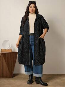 Zelara 加大码时尚纯绿色连帽口袋设计中长款夹克秋季带口袋女式风衣外套冬装 - 黑色 - 查看 6