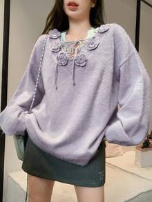DAZY New Loose Casual 3D Floral Decor Sweater For Women, Autumn/Winter - Purple - View 5