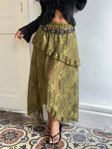 Sunnyshic Chân váy nữ ren phối ren, vạt lệch, xếp ly, cạp thấp. - xanh quân đội - Xem 3
