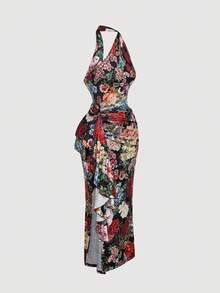 SHEIN MOD 1 件女式可折叠挂脖花卉装饰修身长裙，女式夏季连衣裙 - 彩色 - 查看 4