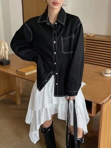 DAZY 浅色水洗牛仔衬衫，有领有口袋，宽松长袖，春夏秋 - 黑色 - 查看 5