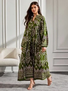 EURMUSE Tall Size Over All Print Button Detailed Long Dress - Multicolor - View 6
