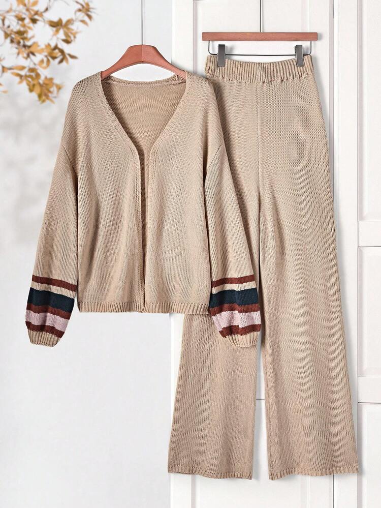 Women's Contrast Stripe Cardigan And Knit Pants 2 Pieces Setfall Clothes For Women  Autumn Clothes  Autumn Women Women's Winter Clothes