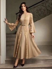 ZEYLAH Váy ren thêu họa tiết mùa thu thanh lịch dành cho nữ, hòa tan trong nước - Màu Khaki - Xem 5