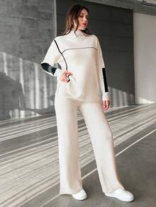 EURMUSE Women's Stand Collar Colorblock Long Sleeve Sweater And Knitted Pants Set - White - View 3