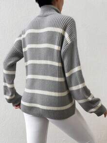 SHEIN Cottnline Striped Pattern Mock Neck Drop Shoulder Sweater Without Belt - Grey - View 2