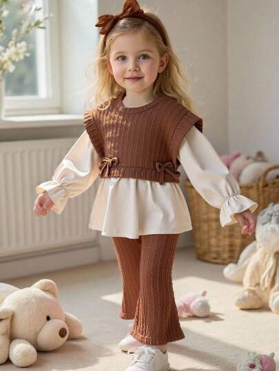 SHEIN Playful Pals Brown Toddler Outfit Girl 2pcs/Set Spring/Autumn New Korean Style Fashionable Baby/Baby GirlKnitted Jacquard Patchwork Shirt Blouse + Slim Flared Pants Outfit Fall Winter