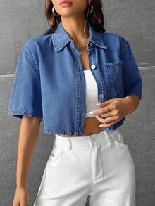 SHEIN EZwear 女士休闲短款牛仔衬衫，夏季 - 深色水洗藍 - 查看 4