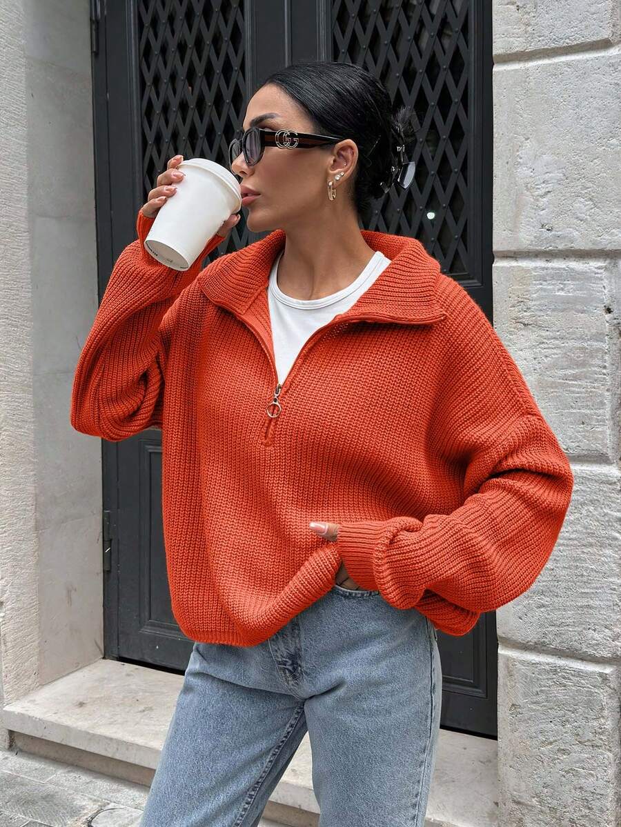 EURMUSE Woman Zipper Collar Loose Fit Comfy Warm Sweater - Burnt Orange - View 1