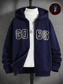 SHEIN Áo nỉ dài tay dáng rộng, khóa kéo, phong cách đường phố thường ngày dành cho thiếu niên nam, họa tiết chữ số và chữ cái, đa năng, phù hợp mặc ở nhà, đi làm, đi học, đi chơi hàng ngày, đi du lịch, dự tiệc ngoài trời, thích hợp cho mùa thu/đông. Áo nỉ màu xanh navy có khóa kéo dành cho nam thiếu niên. - Màu xanh hải quân - Xem 2