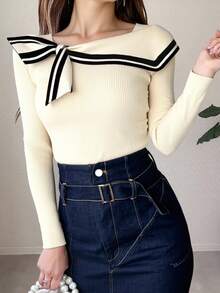 FRIFUL Women's Long Sleeve Knitted Sweater With Bow Decoration,Long Sleeve Tops Fall