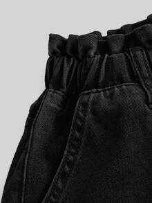 SHEIN Girlism 青少年女童松紧腰休闲百搭纯色阔腿牛仔裤 - 黑色 - 查看 3