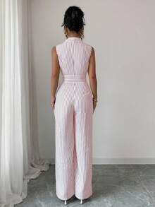 Selianne 女士优雅黑白条纹平领连体裤 - 紅色 - 查看 2