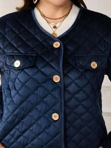 SHEIN Clasi Plus Size Elegant Solid Color Diamond Patterned Cropped Jacket,Women's Winter Coat,Keep Warm,,Work Wear,Office Attire,Business Professional - Navy Blue - View 11