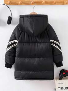 SHEIN Kurtka chłopięca, luźna, średniej długości, swobodna, zapinana na zamek błyskawiczny z przodu, gruba, ocieplana, czarna, odpowiednia na zimę, wakacje, na zewnątrz i w śnieżną pogodę