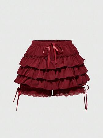 Kawaii Pantalones cortos rojos de mujer con parches de encaje y cordón