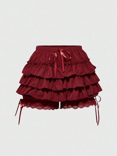 ROMWE Kawaii Spring/Summer Valentine's Day Women's Lace Patchwork Red Shorts With Tie