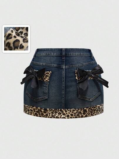 Kawaii Y2K Subculture Retro Sexy Leopard Print Patchwork Bow Denim Mini Skirt, Deep Blue