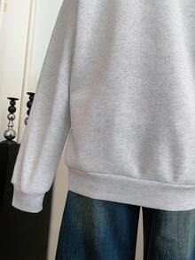 青少年女孩翻领半拉链落肩宽松羊毛衫 - 灰色 - 查看 4