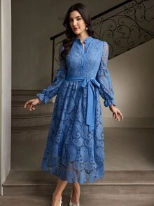 ZEYLAH Women's Elegant Solid Color Lace Midi Dress - Blue - View 6