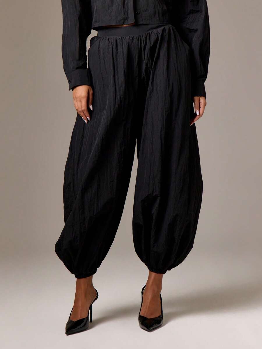 女士高腰阔腿裤宽松梭织哈伦裤休闲舒适家居服 - 黑色 - 查看 1