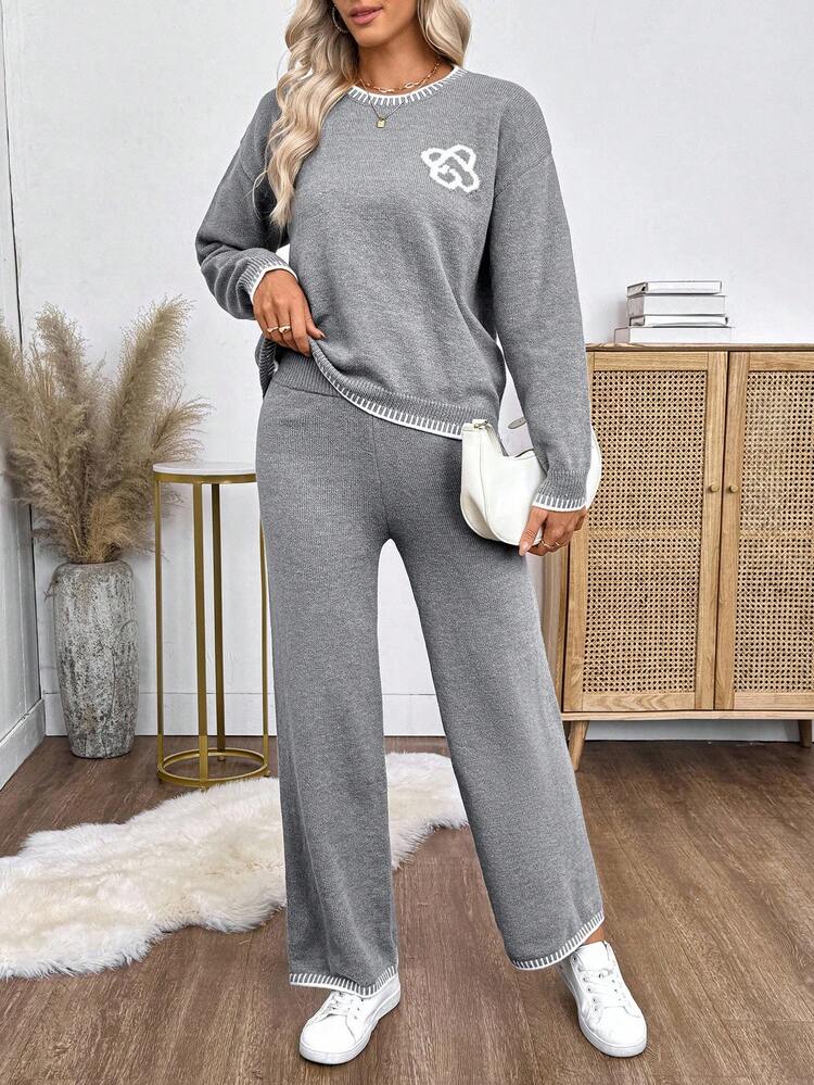 New Autumn/Winter European & American Casual Loose Embroidery Patchwork Knit Women Sweater 2 Pieces Set Women's Winter Clothes Women's Winter Sweater Fall Clothes For Women Casual Sets For Women Grey Women's Set Sweater Sets For Women Going Out Two Piece Set