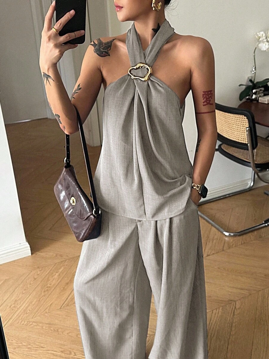 DAZY Bộ 2 món gồm áo và quần cổ điển, thoải mái và thanh lịch cho đầu mùa hè - Màu be - Xem 1