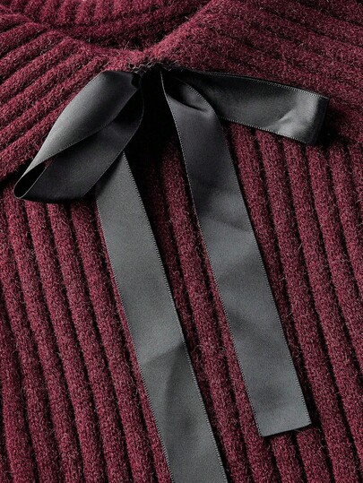 Kawaii Gentle & Cute Bowknot Decor Ribbon Puff Sleeve Off Shoulder Women Sweater, Suitable For Halloween, Christmas, New Year, Valentine's Day, Multi-Occasion, Christmas Holiday Edition