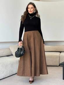 Modelyn Plus Size Minimalist Solid Color Suede A-Line Skirt, Suitable For Spring And Autumn - Brown - View 3