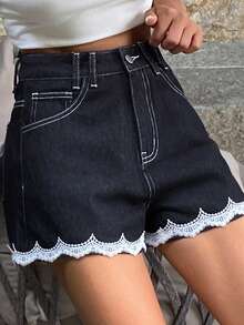 DAZY Pantaloni scurți casual din denim pentru femei, cu model patchwork din dantelă în culori contrastante, linie A, model jogger de vară - Spălare întunecată - Vizualizare 6