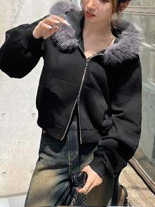 FRIFUL Jaqueta feminina preta lisa com capuz, gola de pele sintética, mangas compridas, cordão na barra, modelagem solta, estilo casual e versátil, ideal para outono e inverno. - Preto - Ver 3