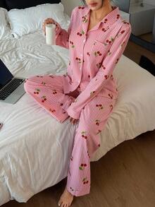 Dream Adore Striped Cherry Print Lapel Long Sleeve Top & Long Pants Women Pajama Set, Fall Winter Clothes
