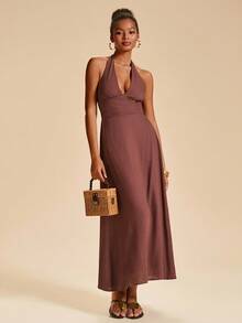 Travachic 女式纯色露背V领无袖束腰长款优雅连衣裙 - 咖啡棕 - 查看 5