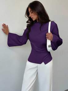 Aloruh Boat Neck Flared Sleeve Cropped Ruched Office Wear Women's Apricot Blouse - Purple - View 5