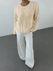 Aloruh Women's Casual Crew Neck Long Sleeve Sweater With Cable Pattern, Autumn/Winter - Apricot - View 3