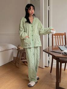 DAZY Solid Button Through Dual Pocket Drop Shoulder PJ Set Fall,Winter Cozy Clothes, Fluffy Pajama - Green - View 6